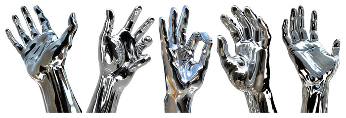 PNG Five metallic robotic hands raised in gesture transparent background.