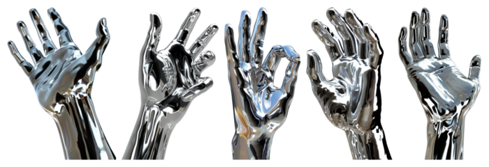 PNG Five metallic robotic hands raised in gesture transparent background.