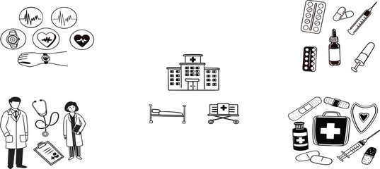 A minimal vector icon set representing healthcare and medical services.