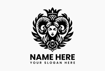 Elegant black and white illustration of a woman with ram horns, wearing a crown, surrounded by decorative leaves in a symmetrical design. Mythical creature concept