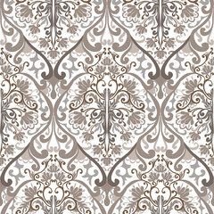 Damask style, colorful swirl pattern, hand drawn, grey, brown, white colors. Seamless floral pattern-710.