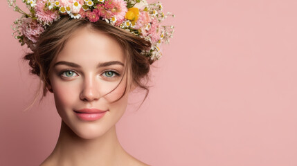 a young woman with a flower crown in her hair smiling.