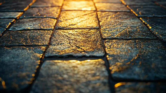 Golden light on cobblestone pavement with textured details, evening glow, urban