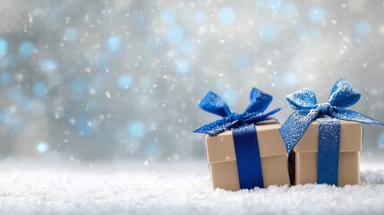gift boxes with blue bows on a snowy surface.