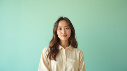 Sustainable Hospitality. Sustainable Fashion. Female woman model isolated background. Woman in casual attire stands confidently with sustainable fashion backdrop, embodying eco-friendly .