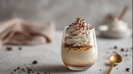 a delicious dessert in a glass topped with whipped cream and chocolate sprinkles. 