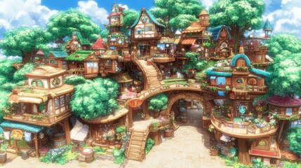 Naklejka premium Enchanting village nestled among the treetops whimsical fairytale fantasy landscape illustration dreamy childhood nostalgic creative design