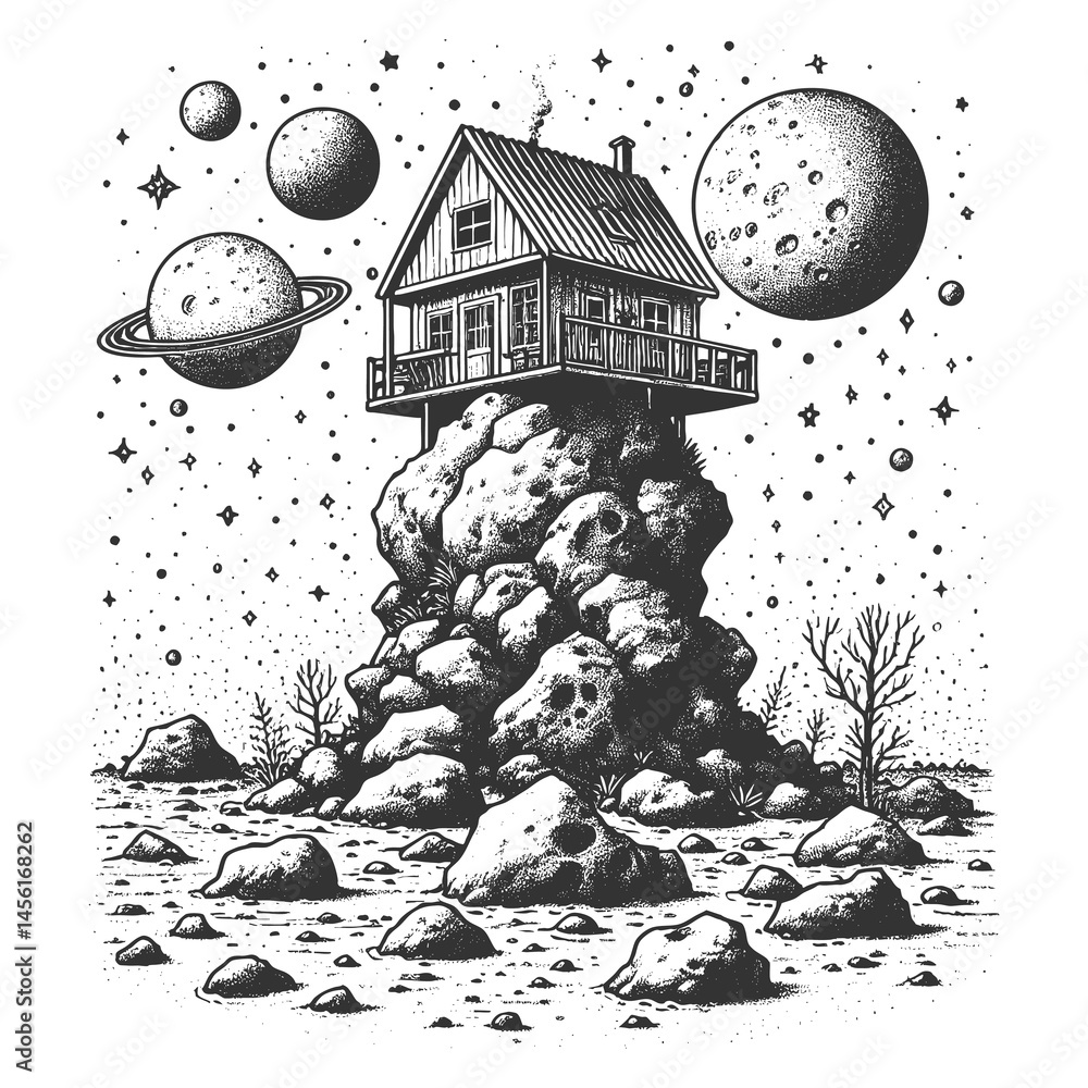 Poster house on a rocky alien landscape with a large moon and planets in the background sketch engraving ge