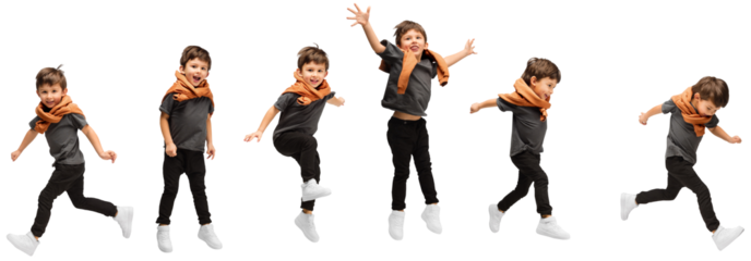 Looks delighted, joyful. Collage with images of little cute kid, happy boy jumping, running isolated on transparent background. Education, emotions, facial expression and childhood concept.