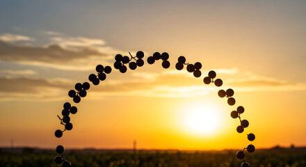 Vineyard Grapes Silhouette Against Golden Sunset Sky Rural Scene