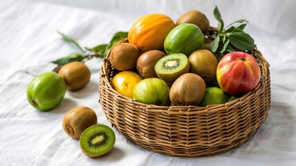 Wicker Basket Overflowing with Fresh Kiwi, Apple, and Exotic Fru