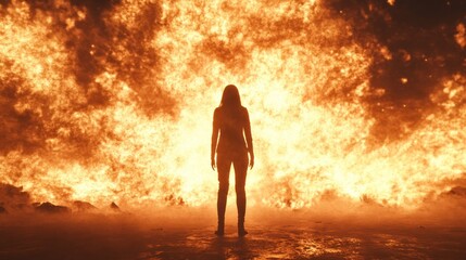 Obraz premium Woman facing a fiery inferno