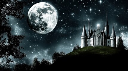 Whimsical medieval castle under a celestial full moon dreamy night landscape with twinkling stars serene and fantasy backdrop