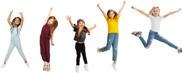 Five elementary school kids or pupils jumping in colorful casual clothes isolated on transparent background. Creative collage. Back to school, education, childhood concept. Cheerful girls and boy.