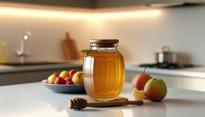 Stylish honey jar on kitchen counter with fresh fruits and copy space for design or branding