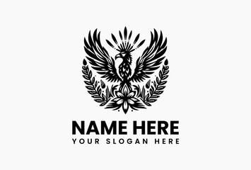 Vintage harpy figure with regal crown and botanical floral motifs in intricate vector logo, symbolizing feminine strength, legend, and nature’s mystique  
