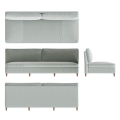 Sofa 3D Rendering Stock Illustration on transparent background, top view, side view and front view.