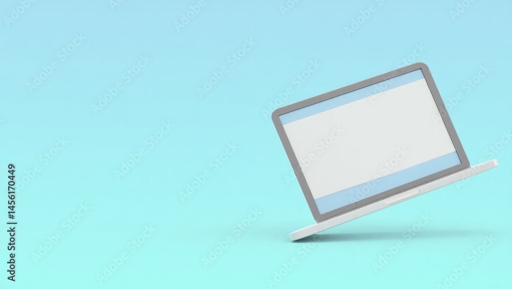 Poster swiftui. modern solo workspace. isolated background, copyspace.. sleek laptop sits atop blue stand i