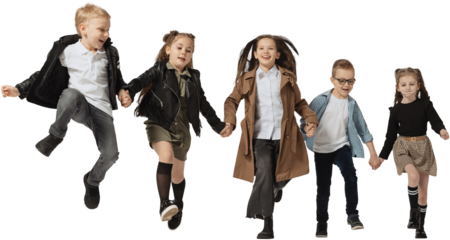 Happy school and preschool age children, girls and boys running, jumping isolated on transparent background. Beauty, kids fashion, ad, education, happy childhood concept.
