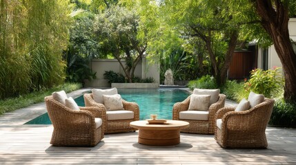 outdoor seating area near a swimming pool