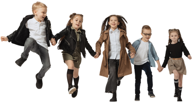 Happy school and preschool age children, girls and boys running, jumping isolated on transparent background. Beauty, kids fashion, ad, education, happy childhood concept. - Powered by Adobe
