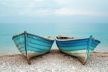 Naklejka premium Two old blue rowboats sit on a pebbled beach by the calm turquoise sea. Use this for travel, nautical, or peaceful nature scene concepts.