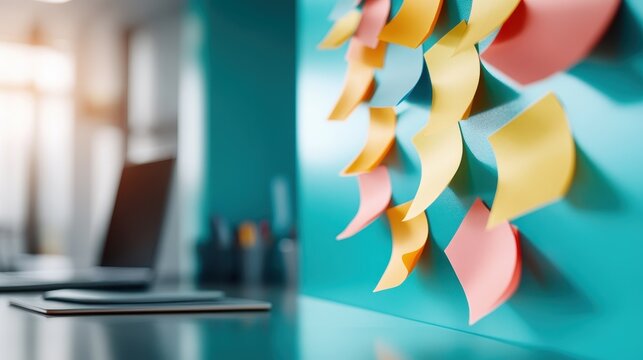 A collection of colorful sticky notes adorns a modern office wall, symbolizing organization and creativity in a workspace, showcasing the importance of planning and ideas.