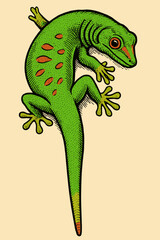 Illustrated Green Lizard Climbing Upright with Orange Spots and Eyes