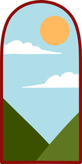 Fototapeta premium Minimalist vector landscape with mountains, sky, clouds, and sun in a decorative frame