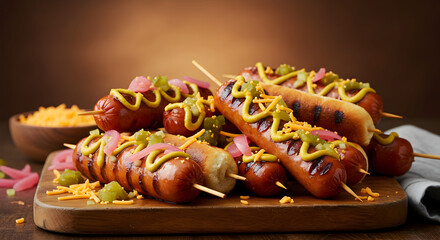 Grilled Hotdogs Skewers Topped With Mustard Relish And Pickled Onions Delight