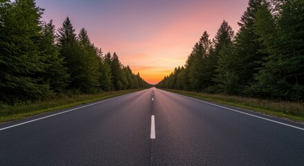 Driving on Long Road at Sunset with Forest Edges and Colorful Sky