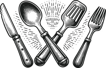 Set of kitchen utensils for cooking, vintage sketch illustration of food preparation tools for restaurant or diner menu design

