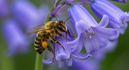 Bee Collecting Pollen From Violet Wildflower Blossom