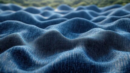 Obraz premium Textured denim fabric waves. Close-up view of rippled, deep blue fabric, resembling a sea