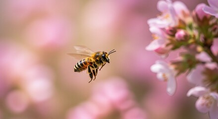 Bee Flying Toward Pink Flowers in Natural Light