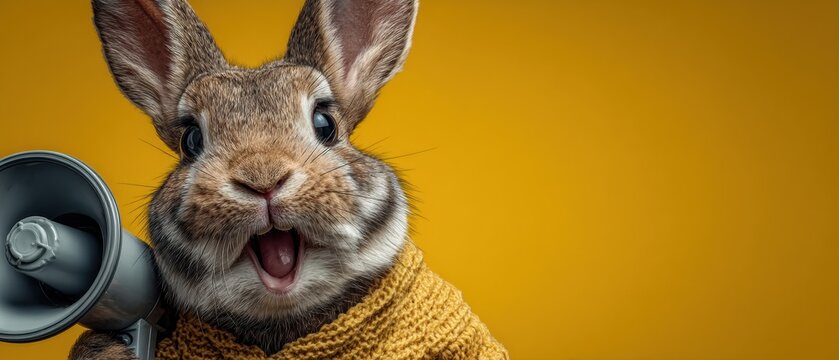 Whimsical brown rabbit announcing in a bright yellow world