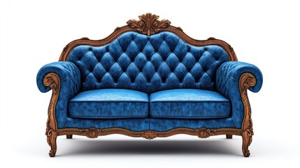 Classic blue velvet loveseat with ornate wooden frame