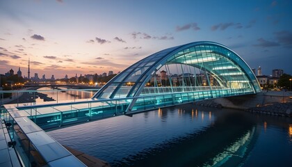 Obraz premium Modern glass bridge suspended over a river, transparent deck with stunning reflections of the sky and city lights,