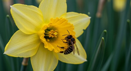 Bee Pollinating Yellow Daffodil Flower in Spring Garden