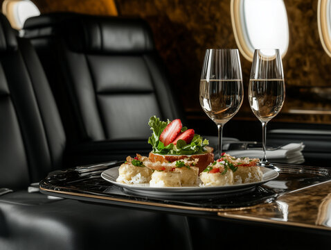 Gourmet meal and wine being served on private jet for luxurious travel
