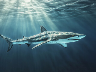 Fototapeta premium Oceanic whitetip shark swimming in sunlit deep blue water