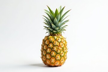 A single ripe pineapple, vibrant yellow-green skin, sits on white background , detail, crown, bright
