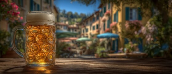Charming outdoor caf with amber lager in a european setting