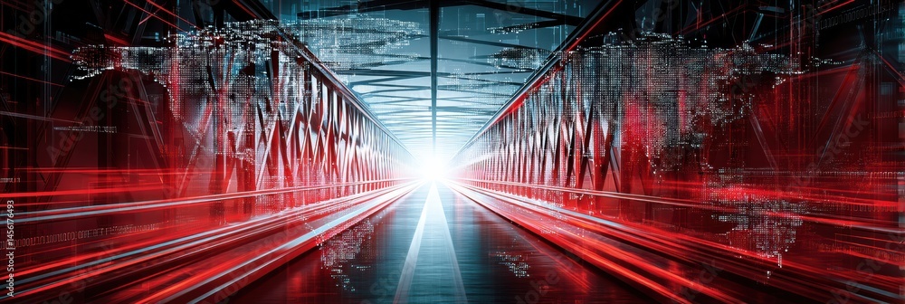 Poster Digital Bridge Connecting Nations Showcasing Severed Links and a Prominent Warning Light in a High-Tech Environment Generative AI