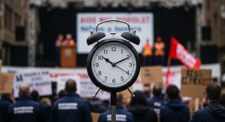 Clock Displayed at Protest Event with People Gathering