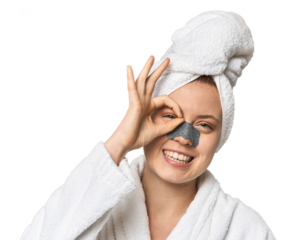 Young Caucasian redhead with pore strip excited keeping ok gesture on eye.
