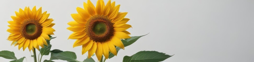 Obraz premium Bright yellow sunflower, dark center, green leaves Isolated on clean white backdrop , background, white, sunflower