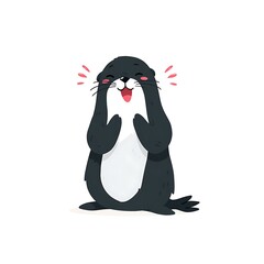 Obraz premium Cartoon otter bursts with laughter, hands to face, eyes closed in joyful expression on a white background