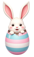 Fototapeta premium Cute Bunny in Easter Egg, Pink and Blue Stripes with Transparent Background