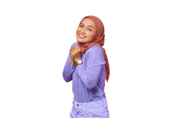 Portrait of smiling young Asian woman holding hands isolated on transparent background